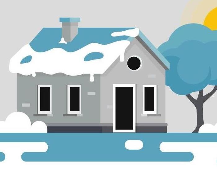 The image displays a home where the snow and ice are starting to melt, causing the home to flood.
